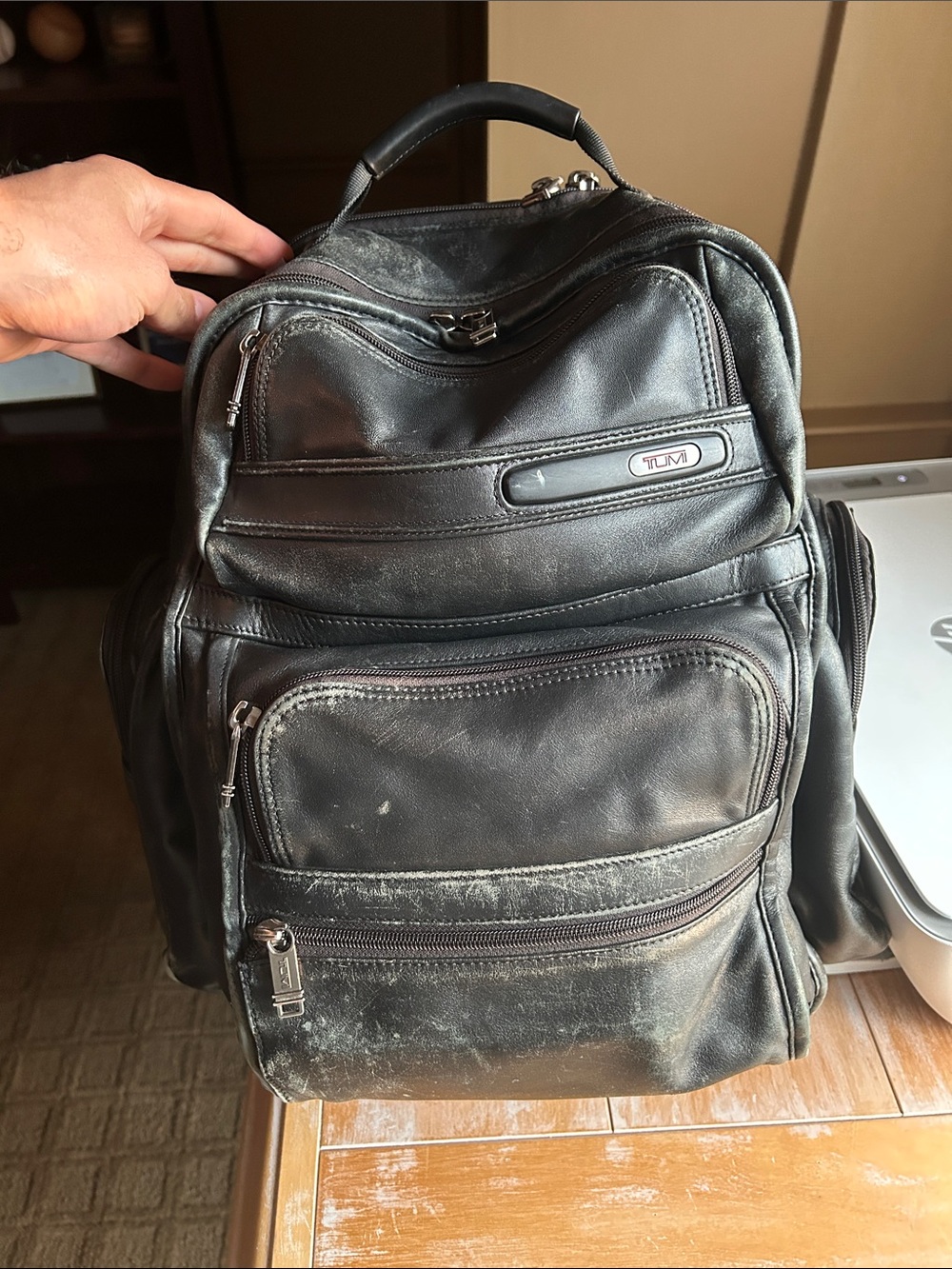 Tumi Black Leather Multi-Compartment Backpack